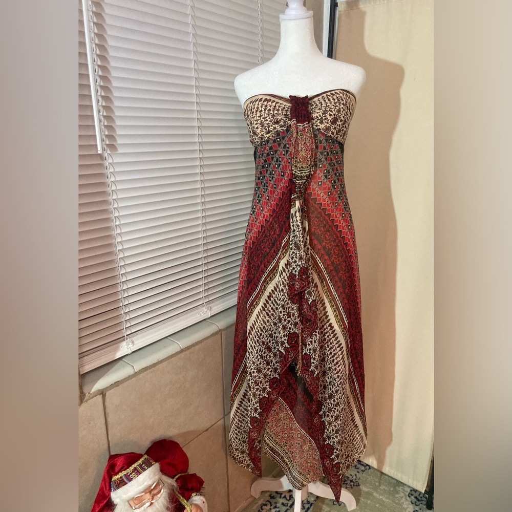 BCBG Strapless Red and Brown Maxi Dress
